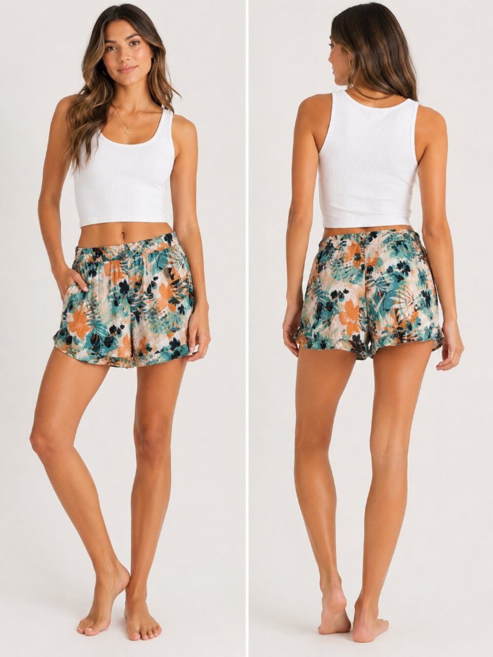 Roxy Tropical Floral Pull-On Shorts Teal Orange Black Size M